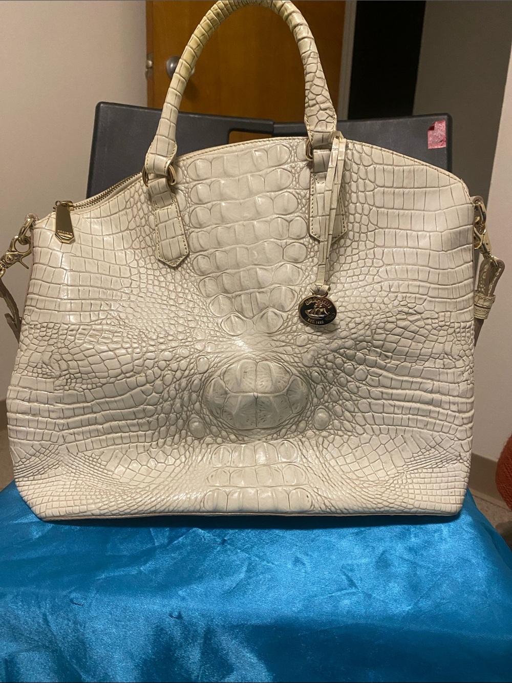 Brahmin Ivory Alligator-Embossed Tote with Charm
